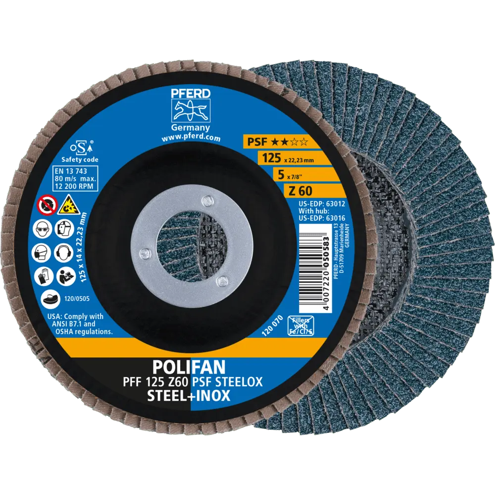 Produktfoto 1 von PFERD TOOLS POLIFAN Fächerscheibe PFF 125x22,23 mm flach Z60 Universallinie PSF STEELOX Stahl/Edelstahl, 10 Stk.