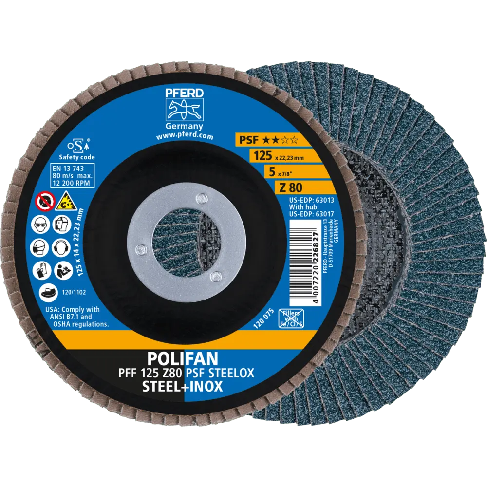 Produktfoto 1 von PFERD TOOLS POLIFAN Fächerscheibe PFF 125x22,23 mm flach Z80 Universallinie PSF STEELOX Stahl/Edelstahl, 10 Stk.
