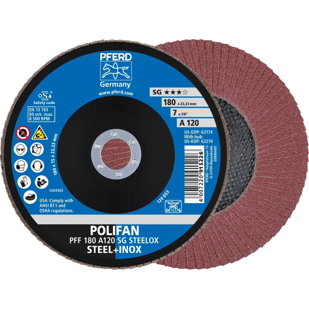 Produktfoto 1 von PFERD TOOLS POLIFAN Fächerscheibe PFF 180x22,23 mm flach A120 Leistungslinie SG STEELOX Stahl/Edelstahl, 10 Stk.