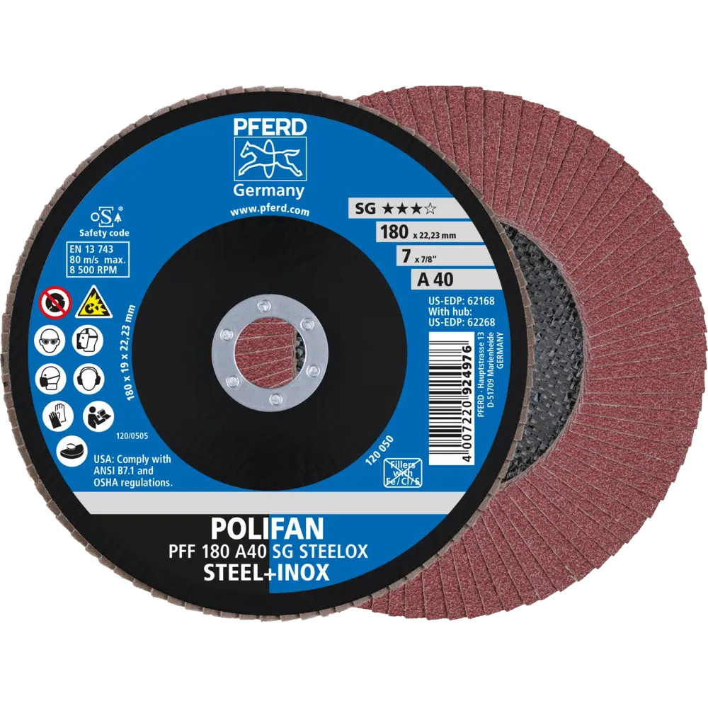 Produktfoto 1 von PFERD TOOLS POLIFAN Fächerscheibe PFF 180x22,23 mm flach A40 Leistungslinie SG STEELOX Stahl/Edelstahl, 10 Stk.