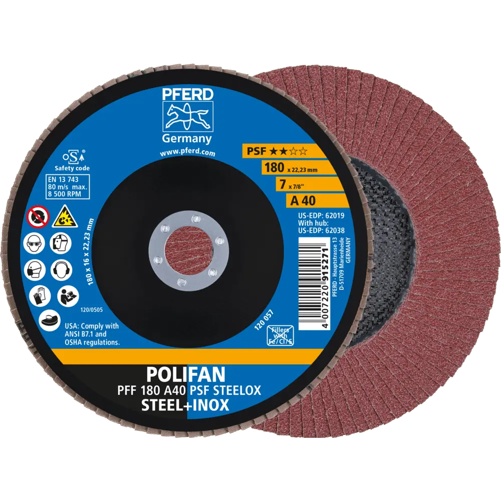 Produktfoto 1 von PFERD TOOLS POLIFAN Fächerscheibe PFF 180x22,23 mm flach A40 Universallinie PSF STEELOX Stahl/Edelstahl, 10 Stk.