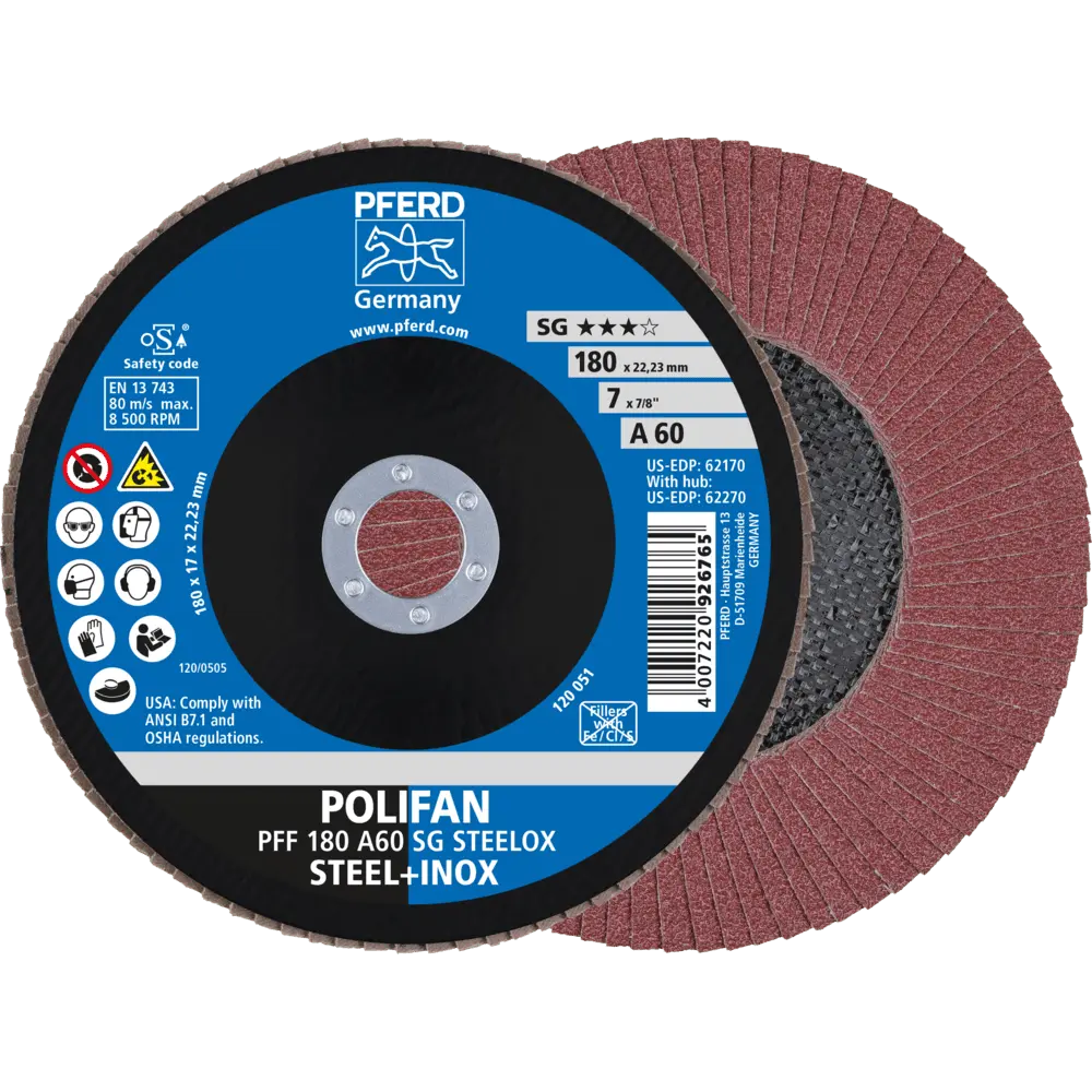 Produktfoto 1 von PFERD TOOLS POLIFAN Fächerscheibe PFF 180x22,23 mm flach A60 Leistungslinie SG STEELOX Stahl/Edelstahl, 10 Stk.