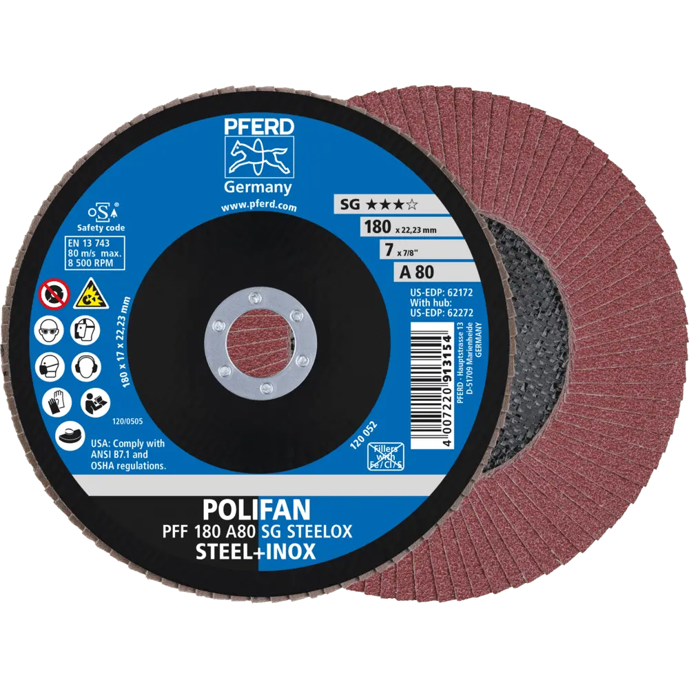 Produktfoto 1 von PFERD TOOLS POLIFAN Fächerscheibe PFF 180x22,23 mm flach A80 Leistungslinie SG STEELOX Stahl/Edelstahl, 10 Stk.