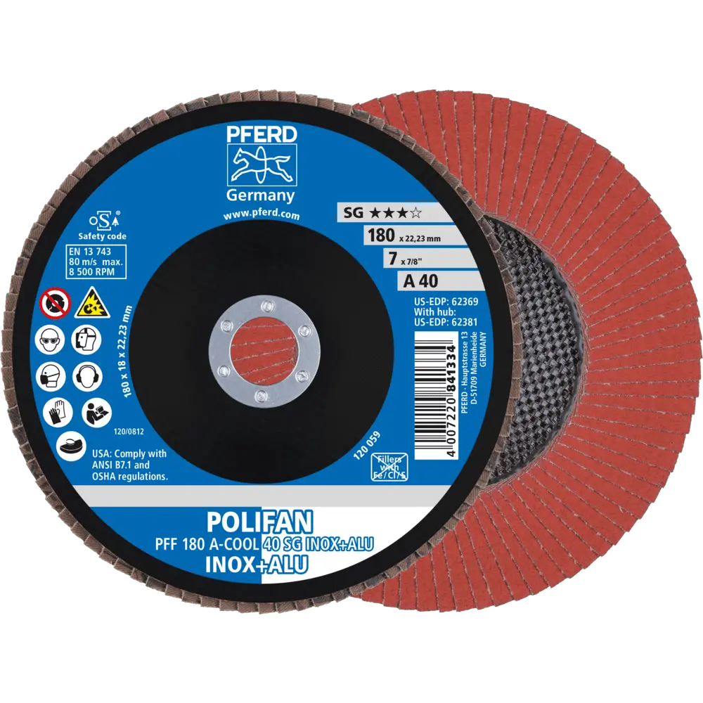 Produktfoto 1 von PFERD TOOLS POLIFAN Fächerscheibe PFF 180x22,23 mm flach A-COOL 40 SG INOX+ALU Edelstahl/Alu, 10 Stk.