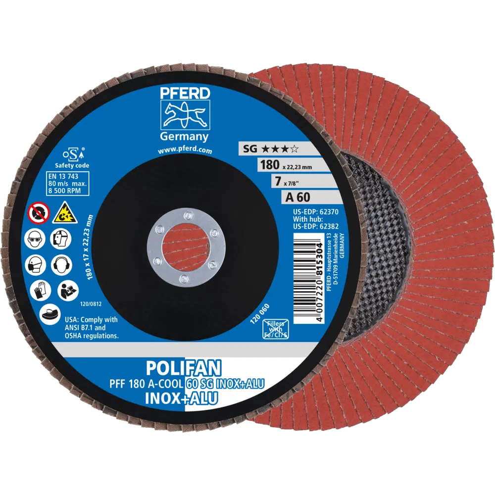 Produktfoto 1 von PFERD TOOLS POLIFAN Fächerscheibe PFF 180x22,23 mm flach A-COOL 60 SG INOX+ALU Edelstahl/Alu, 10 Stk.