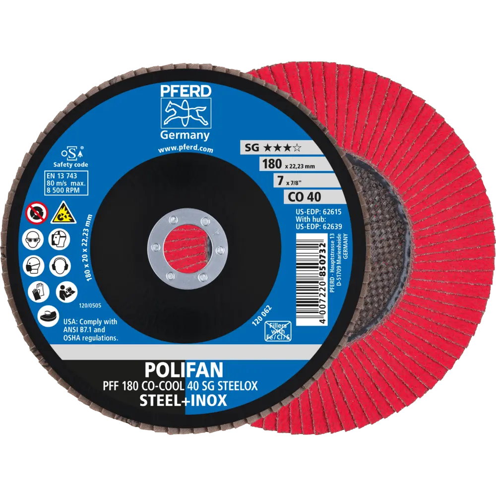 Produktfoto 1 von PFERD TOOLS POLIFAN Fächerscheibe PFF 180x22,23 mm flach CO-COOL 40 SG STEELOX Stahl/Edelstahl, 10 Stk.