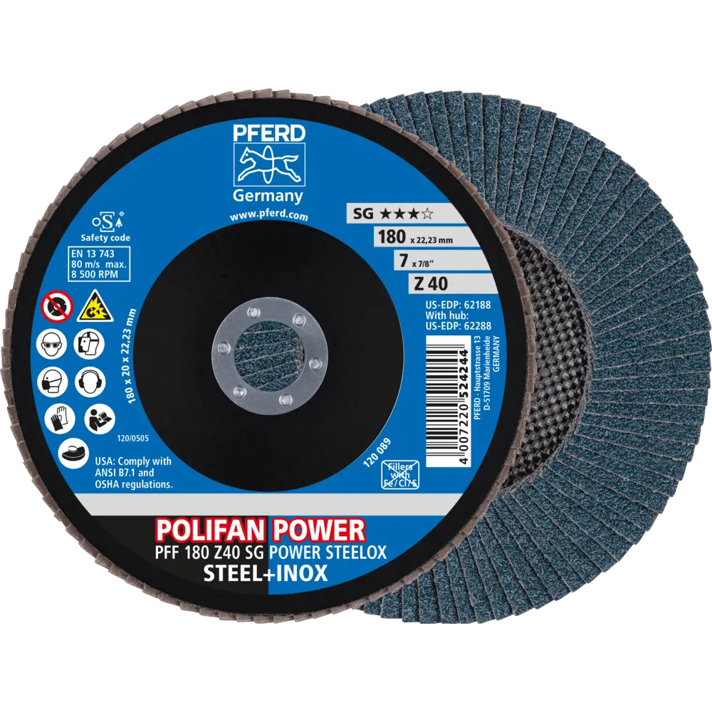 Produktfoto 1 von PFERD TOOLS POLIFAN POWER Fächerscheibe PFF 180x22,23 mm flach Z40 SG STEELOX Stahl/Edelstahl, 10 Stk.