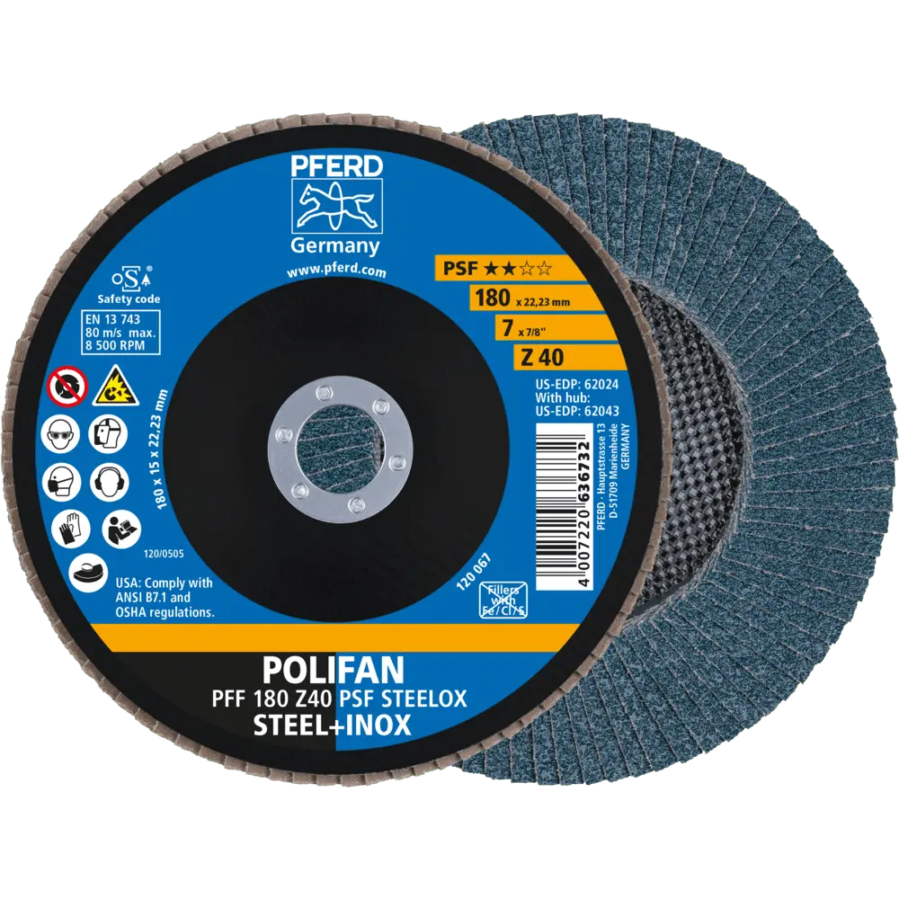 PFERD TOOLS POLIFAN Fächerscheibe PFF 180x22,23 mm flach Z40 Universallinie PSF STEELOX Stahl/Edelstahl, 10 Stk.