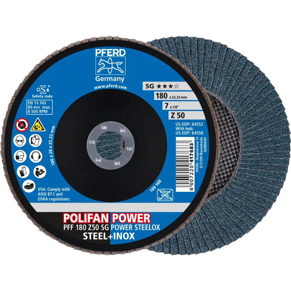Produktfoto 1 von PFERD TOOLS POLIFAN POWER Fächerscheibe PFF 180x22,23 mm flach Z50 Leistungslinie SG STEELOX für Stahl/Edelstahl, 10 Stk.