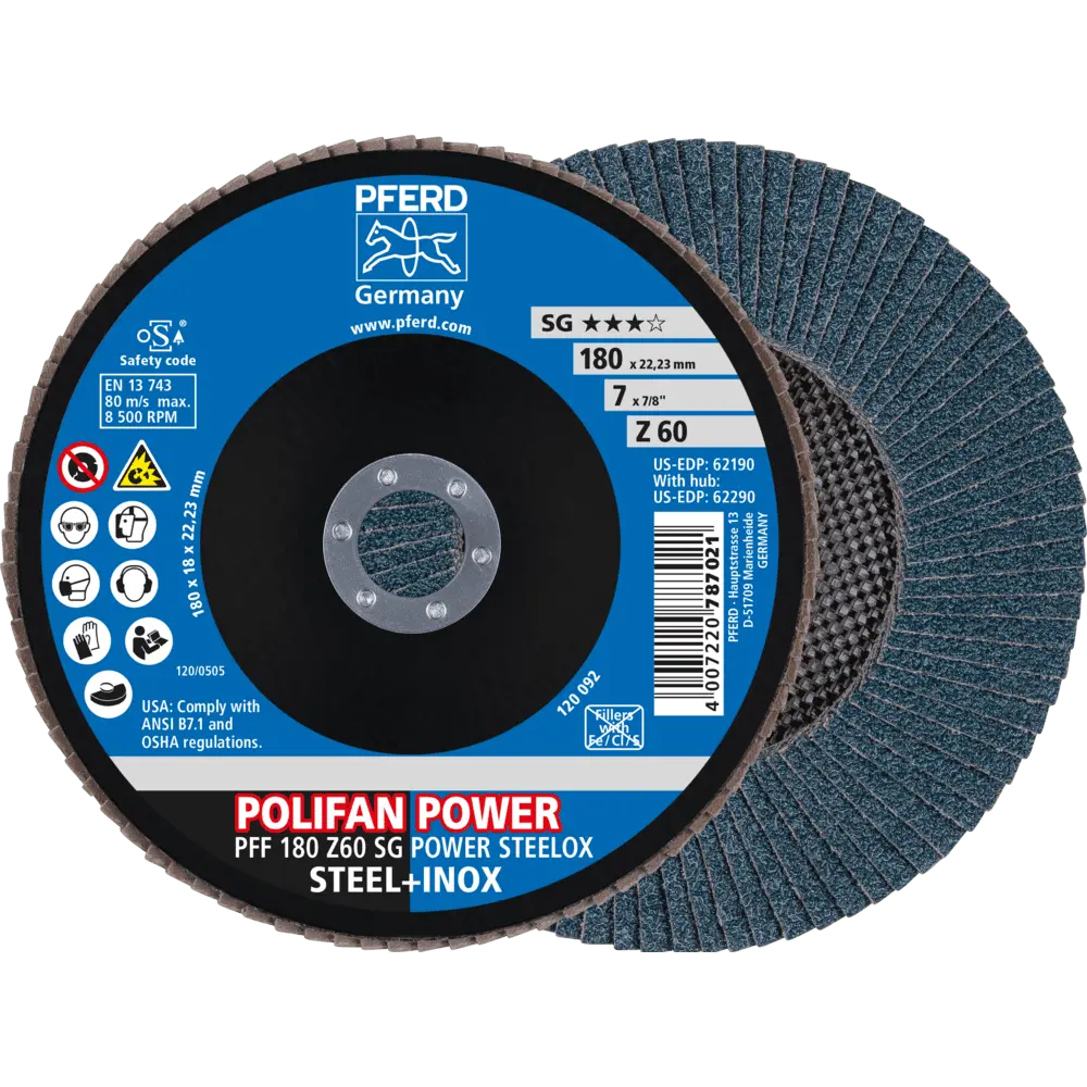 Produktfoto 1 von PFERD TOOLS POLIFAN POWER Fächerscheibe PFF 180x22,23 mm flach Z60 SG STEELOX Stahl/Edelstahl, 10 Stk.