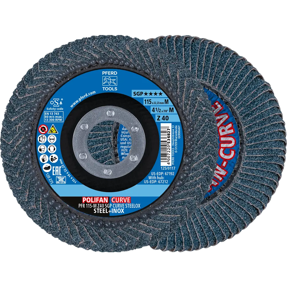 Produktfoto 1 von PFERD TOOLS POLIFAN CURVE Fächerscheibe PFR 115x22,23 mm Breite M Z40 SGP STEELOX für Stahl/Edelstahl (POS 2), 2 Stk.
