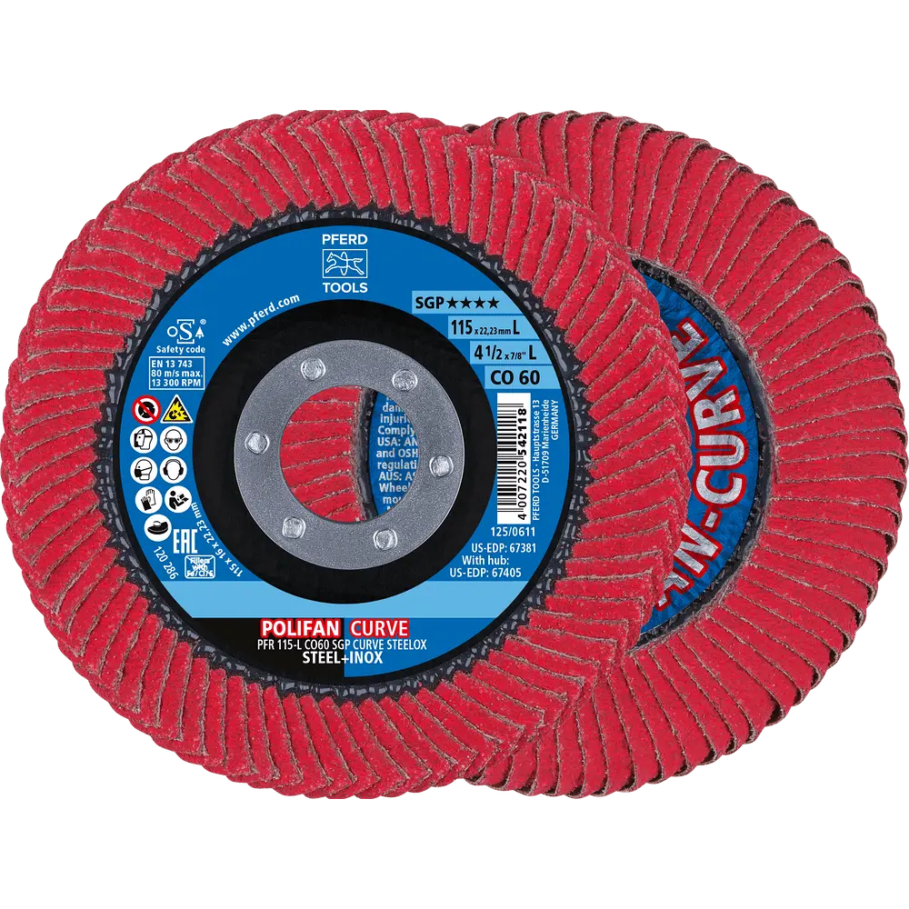 Produktfoto 1 von PFERD TOOLS POLIFAN CURVE Fächerscheibe PFR 115x22,23 mm Breite L CO60 SGP STEELOX für Stahl/Edelstahl, 10 Stk.