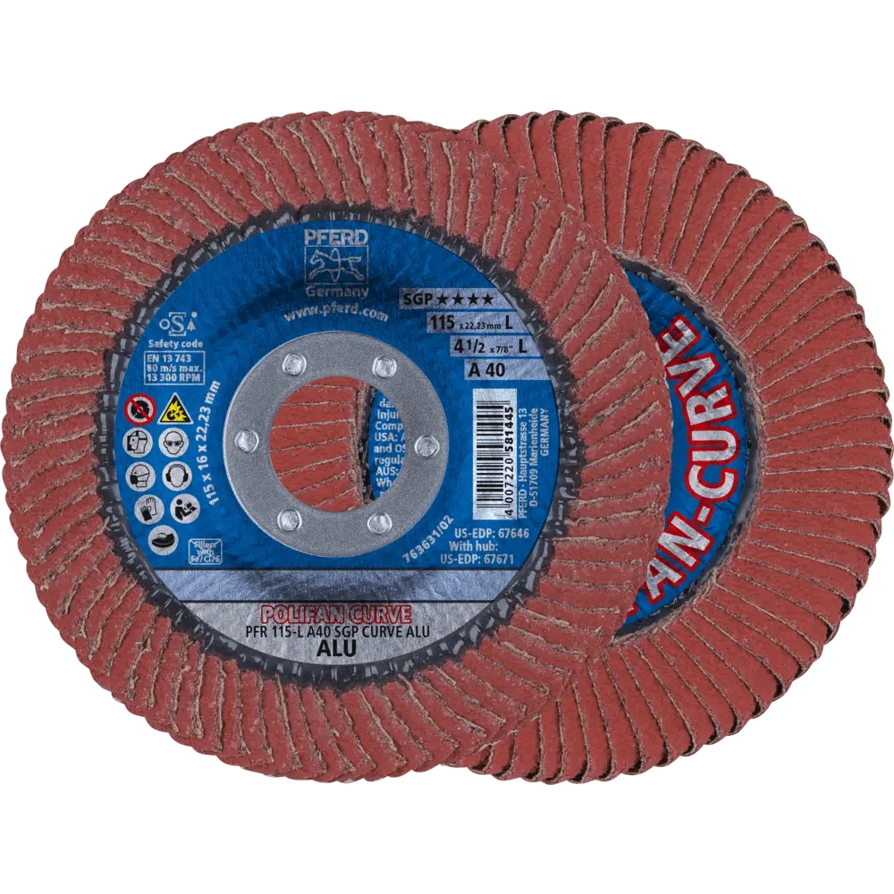 Produktfoto 1 von PFERD TOOLS POLIFAN CURVE Fächerscheibe PFR 115x22,23 mm Breite L A40 Speziallinie SGP ALU für Alu, 10 Stk.