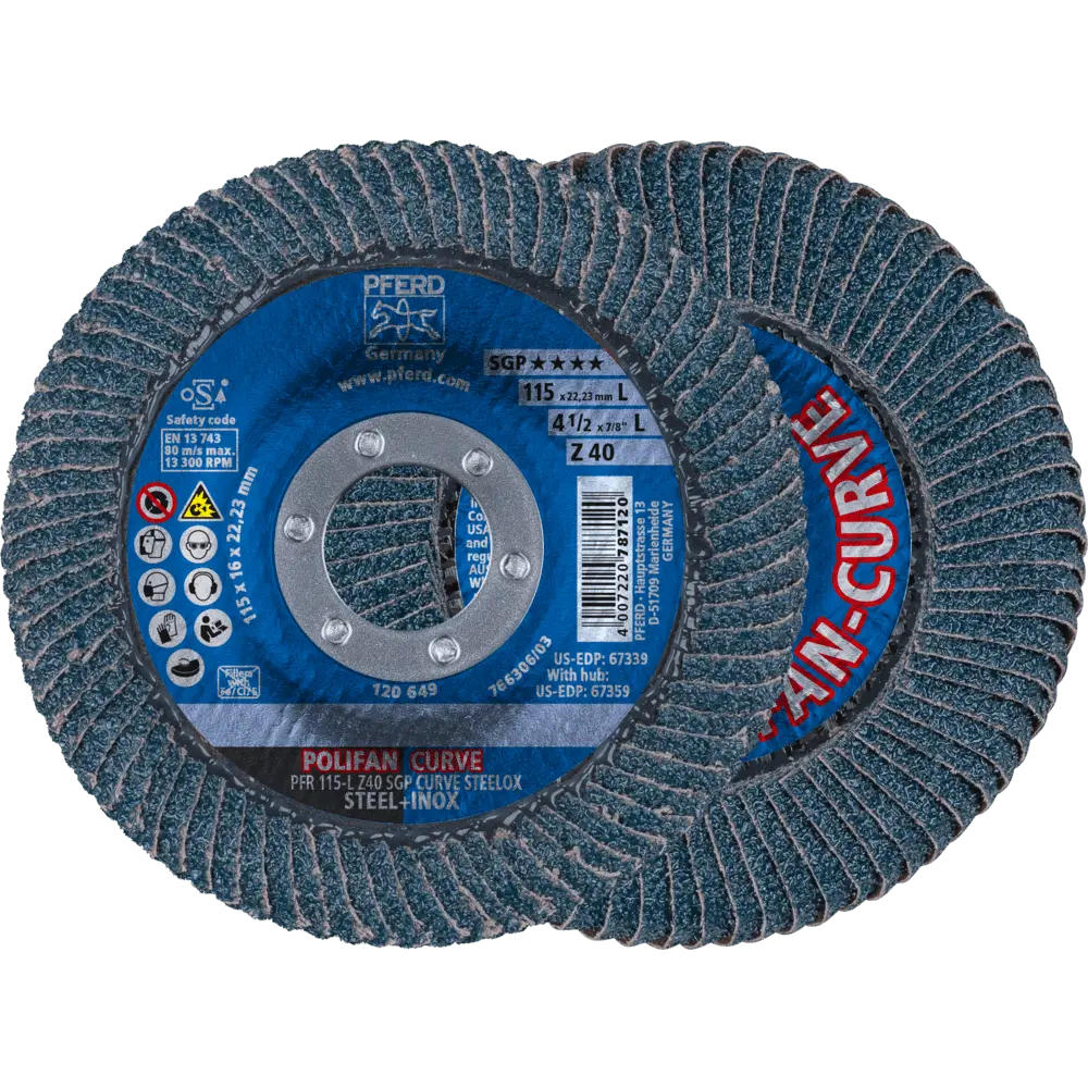 Produktfoto 1 von PFERD TOOLS POLIFAN CURVE Fächerscheibe PFR 115x22,23 mm Breite L Z40 SGP STEELOX für Stahl/Edelstahl, 10 Stk.