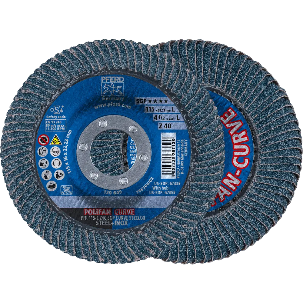 Produktfoto 1 von PFERD TOOLS POLIFAN CURVE Fächerscheibe PFR 115x22,23 mm Breite L Z40 SGP STEELOX für Stahl/Edelstahl (POS 2), 2 Stk.