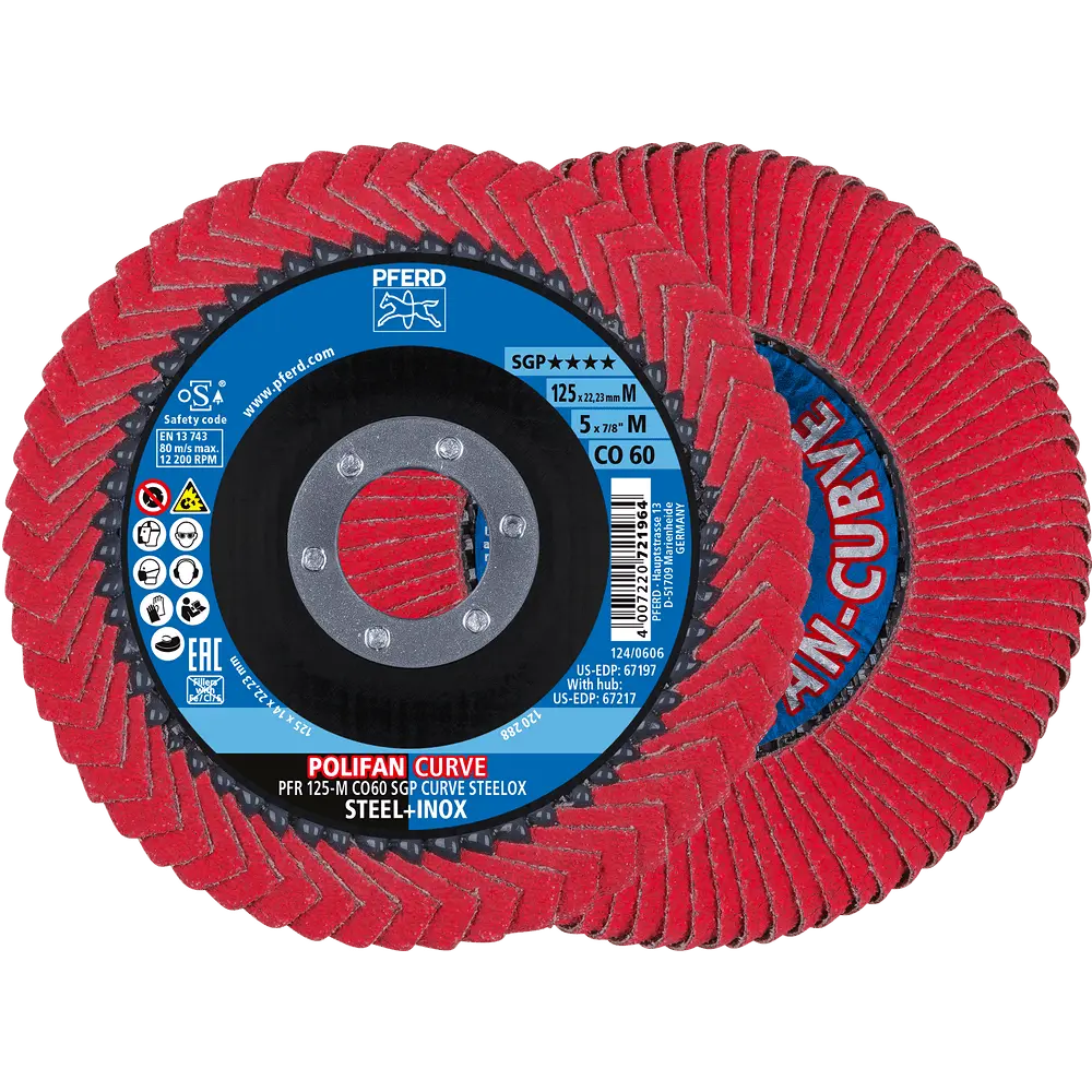 Produktfoto 1 von PFERD TOOLS POLIFAN CURVE Fächerscheibe PFR 125x22,23 mm Breite M CO60 SGP STEELOX für Stahl/Edelstahl, 10 Stk.