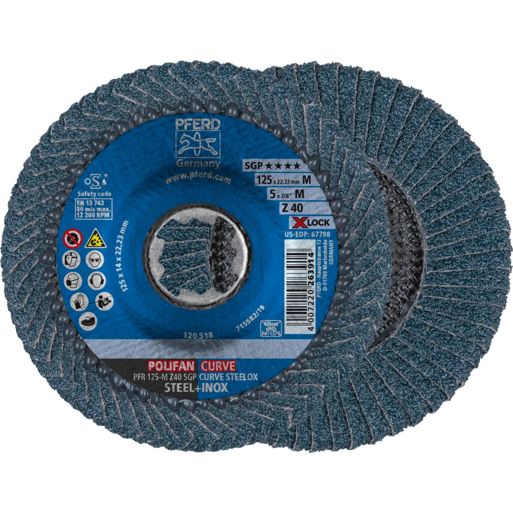 Produktfoto 1 von PFERD TOOLS POLIFAN CURVE Fächerscheibe PFR 125 mm X-LOCK Breite M Z40 SGP STEELOX für Stahl/Edelstahl, 10 Stk.