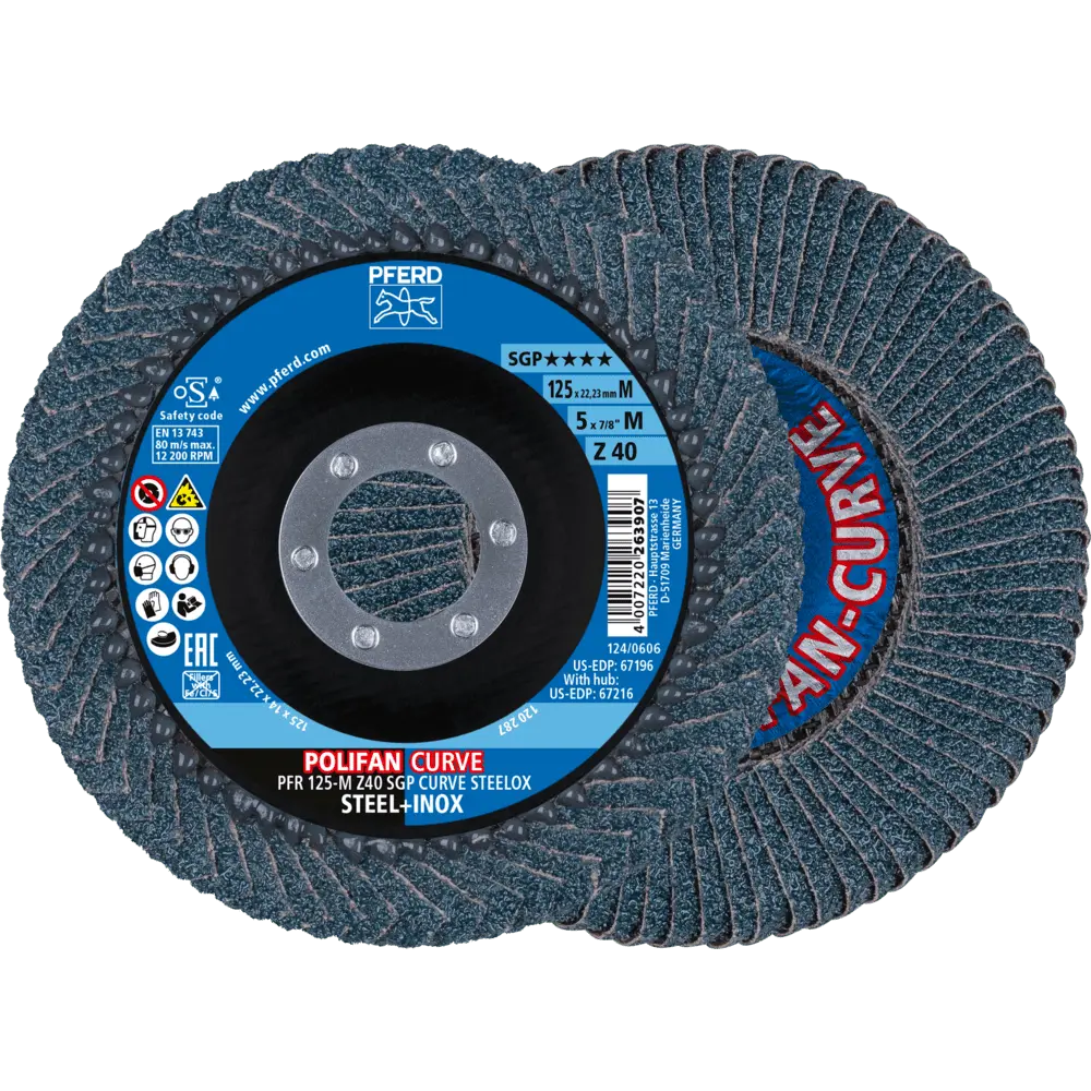 Produktfoto 1 von PFERD TOOLS POLIFAN CURVE Fächerscheibe PFR 125x22,23 mm Breite M Z40 SGP STEELOX für Stahl/Edelstahl, 2 Stk.