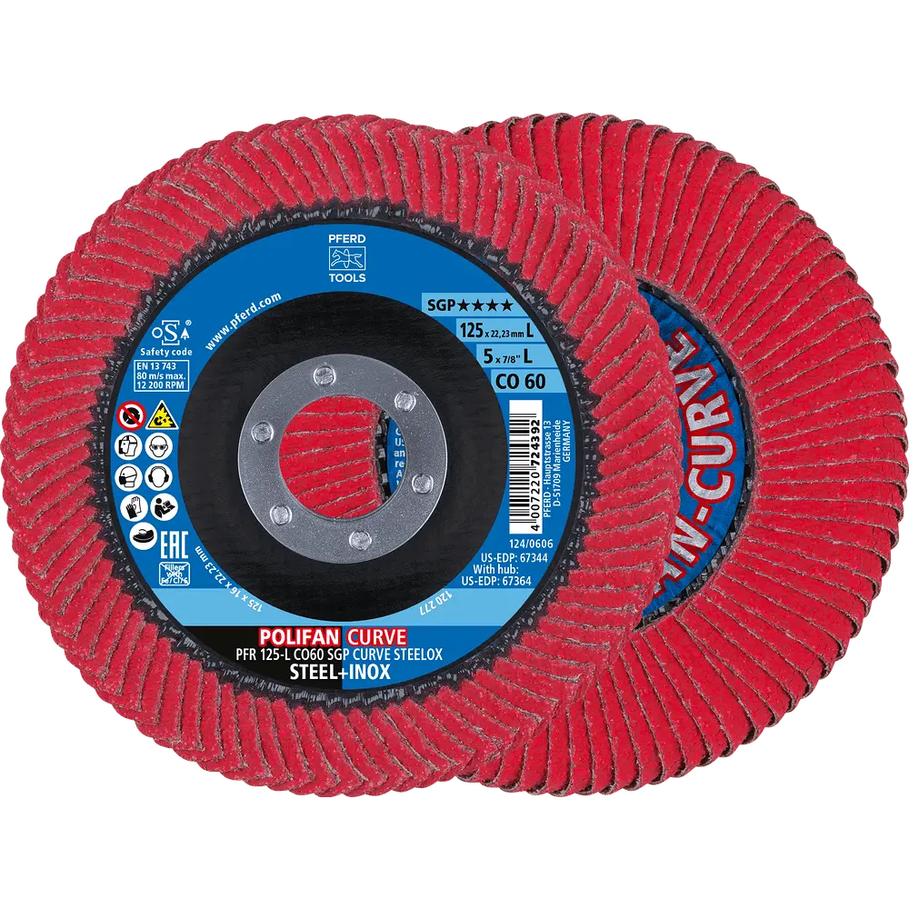 Produktfoto 1 von PFERD TOOLS POLIFAN CURVE Fächerscheibe PFR 125x22,23 mm Breite L CO60 SGP STEELOX für Stahl/Edelstahl, 10 Stk.