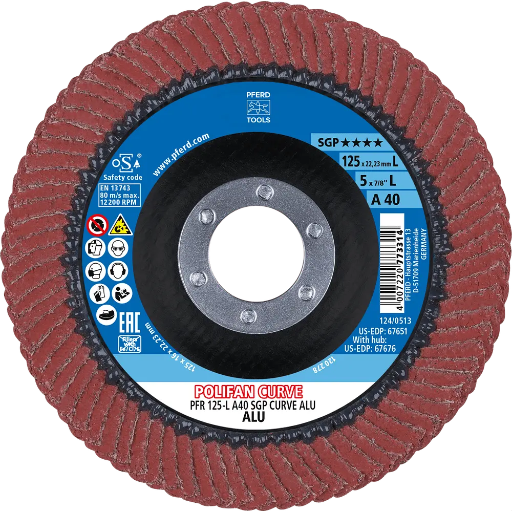 Produktfoto 1 von PFERD TOOLS POLIFAN CURVE Fächerscheibe PFR 125x22,23 mm Breite L A40 Speziallinie SGP ALU für Alu, 10 Stk.