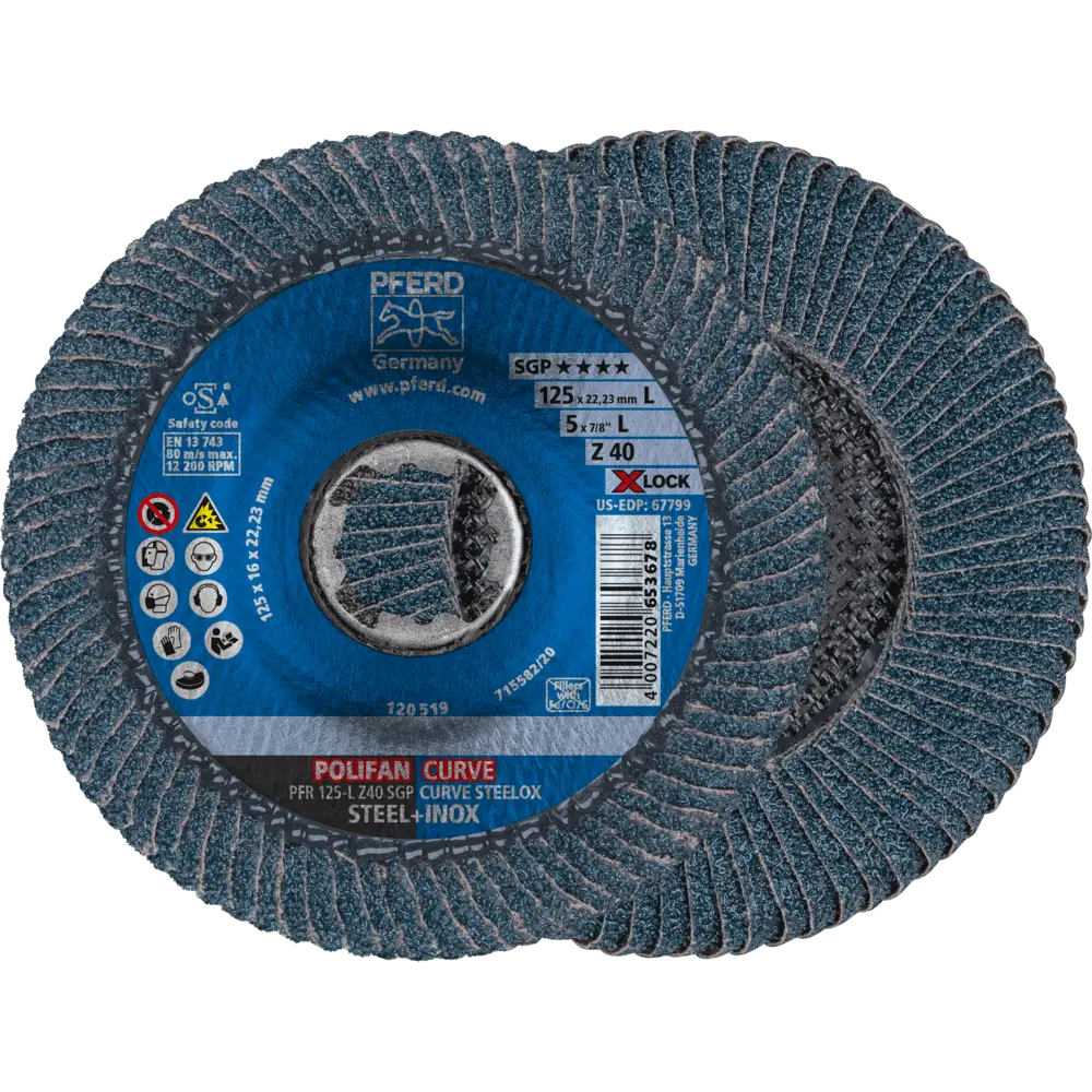 Produktfoto 1 von PFERD TOOLS POLIFAN CURVE Fächerscheibe PFR 125 mm X-LOCK Breite L Z40 SGP STEELOX für Stahl/Edelstahl, 10 Stk.