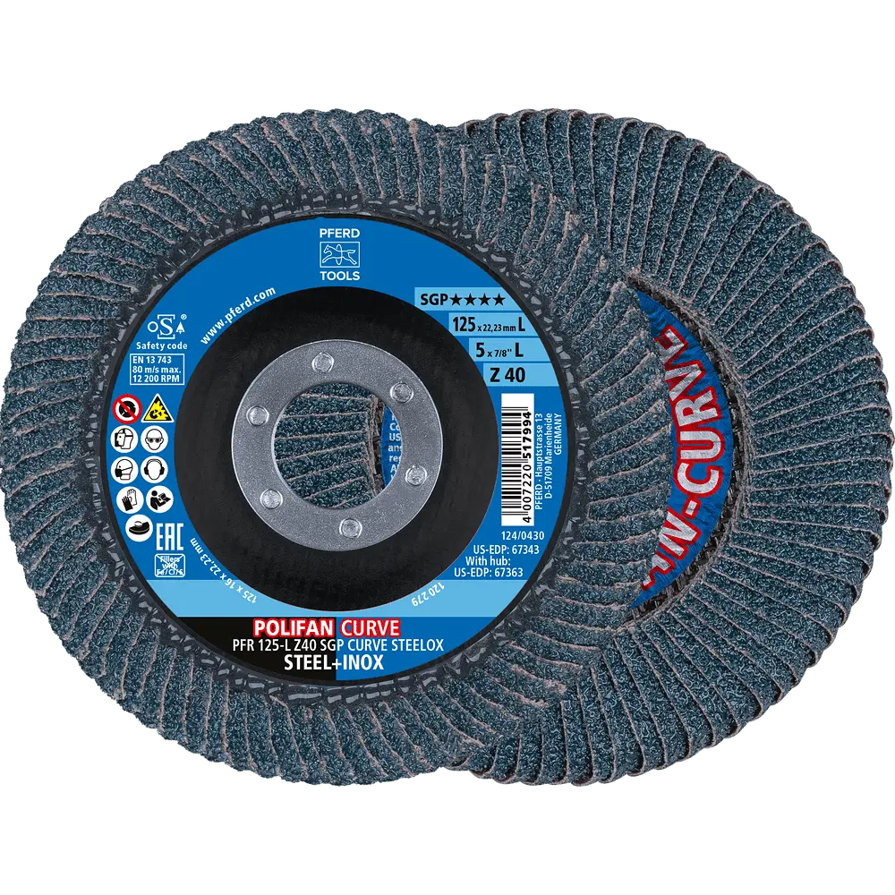 Produktfoto 1 von PFERD TOOLS Trenn-/Fächerscheiben-Set PFR 125 L Z40 SGP CURVE / EHT 125-1,0 SG STEELOX für Stahl/Edelstahl