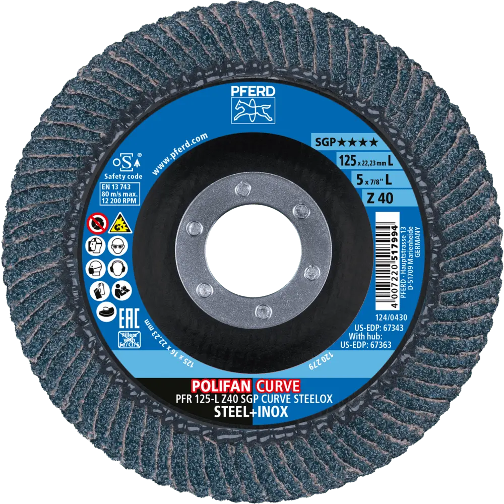 Produktfoto 1 von PFERD TOOLS POLIFAN CURVE Fächerscheibe PFR 125x22,23 mm Breite L Z40 SGP STEELOX für Stahl/Edelstahl, 2 Stk.