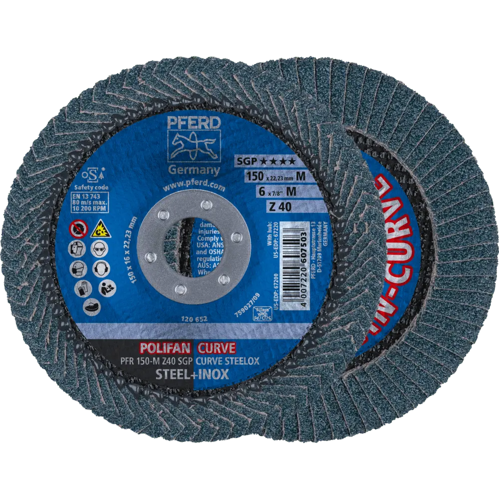 Produktfoto 1 von PFERD TOOLS POLIFAN CURVE Fächerscheibe PFR 150x22,23 mm Breite M Z40 SGP STEELOX für Stahl/Edelstahl, 10 Stk.