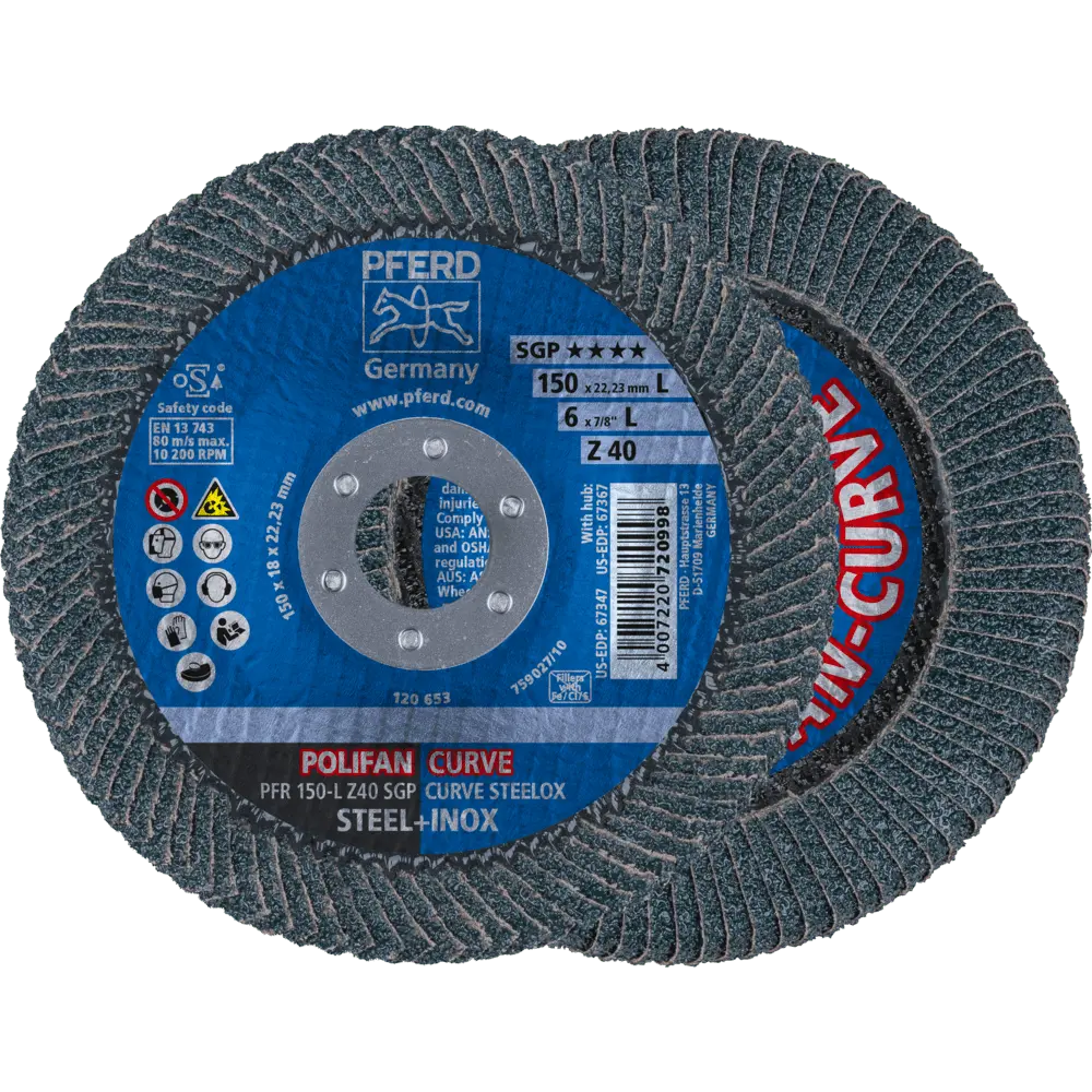 Produktfoto 1 von PFERD TOOLS POLIFAN CURVE Fächerscheibe PFR 150x22,23 mm Breite L Z40 SGP STEELOX für Stahl/Edelstahl, 10 Stk.