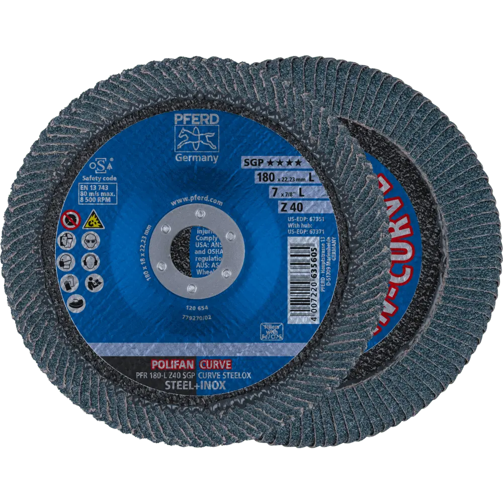 Produktfoto 1 von PFERD TOOLS POLIFAN CURVE Fächerscheibe PFR 180x22,23 mm Breite L Z40 SGP STEELOX für Stahl/Edelstahl, 10 Stk.