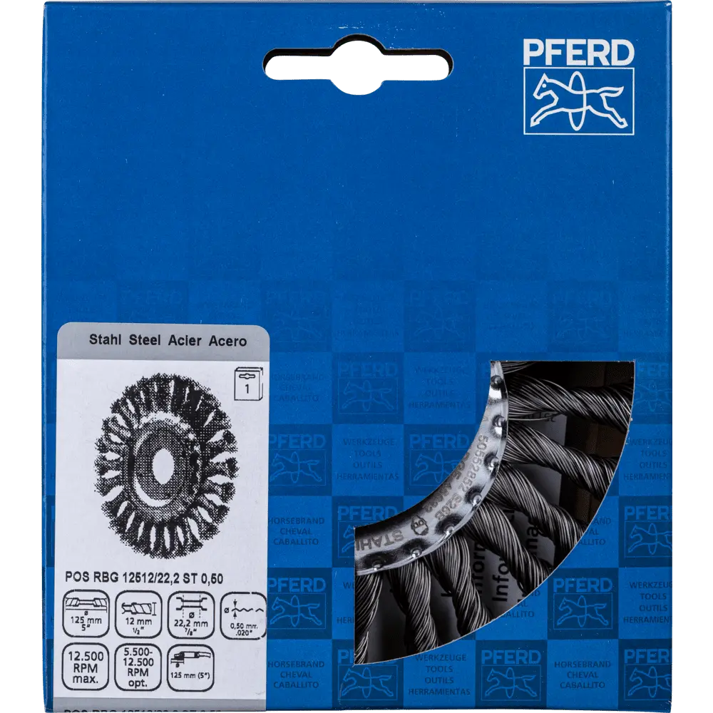 Produktfoto 1 von PFERD TOOLS Rundbürste gezopft RBG Ø 125x12x22,2 mm Stahl-Draht-Ø 0,50mm Winkelschleifer