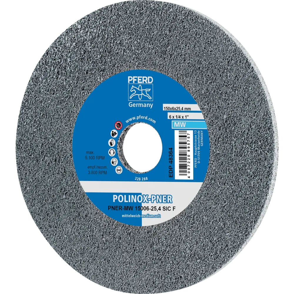 Produktfoto 1 von PFERD TOOLS POLINOX verpresstes Vlies-Rad PNER Ø 150x6 mm Bohrung-Ø 25,4 mm Mittelweich SIC Fein für Finish, 5 Stk.