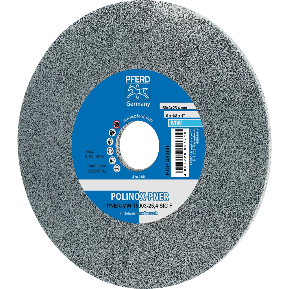 Produktfoto 1 von PFERD TOOLS POLINOX verpresstes Vlies-Rad PNER Ø 150x3 mm Bohrung-Ø 25,4 mm Mittelweich SIC Fein für Finish, 5 Stk.