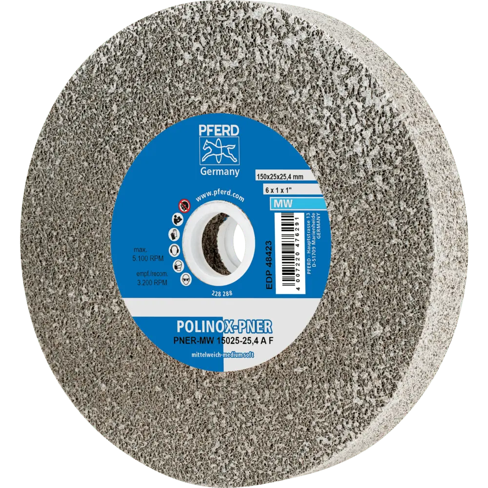 Produktfoto 1 von PFERD TOOLS POLINOX verpresstes Vlies-Rad PNER Ø 150x25 mm Bohrung-Ø 25,4 mm Mittelweich A Fein für Finish