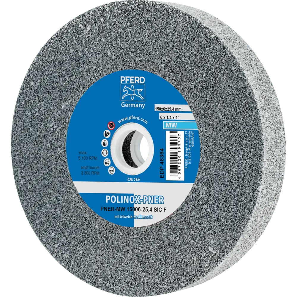 Produktfoto 1 von PFERD TOOLS POLINOX verpresstes Vlies-Rad PNER Ø 150x25 mm Bohrung-Ø 25,4 mm Mittelweich SIC Fein