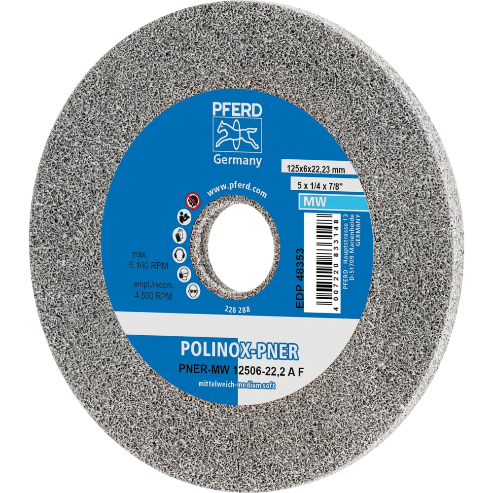 Produktfoto 1 von PFERD TOOLS POLINOX verpresstes Vlies-Rad PNER Ø 125x6 mm Bohrung-Ø 22,23 mm Mittelweich A Fein für Finish, 5 Stk.