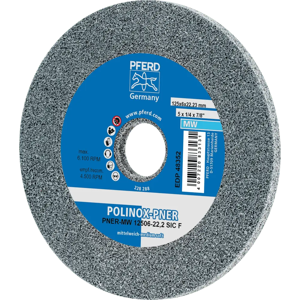 Produktfoto 1 von PFERD TOOLS POLINOX verpresstes Vlies-Rad PNER Ø 125x6 mm Bohrung-Ø 22,2 mm Mittelweich SIC Fein für Finish, 5 Stk.