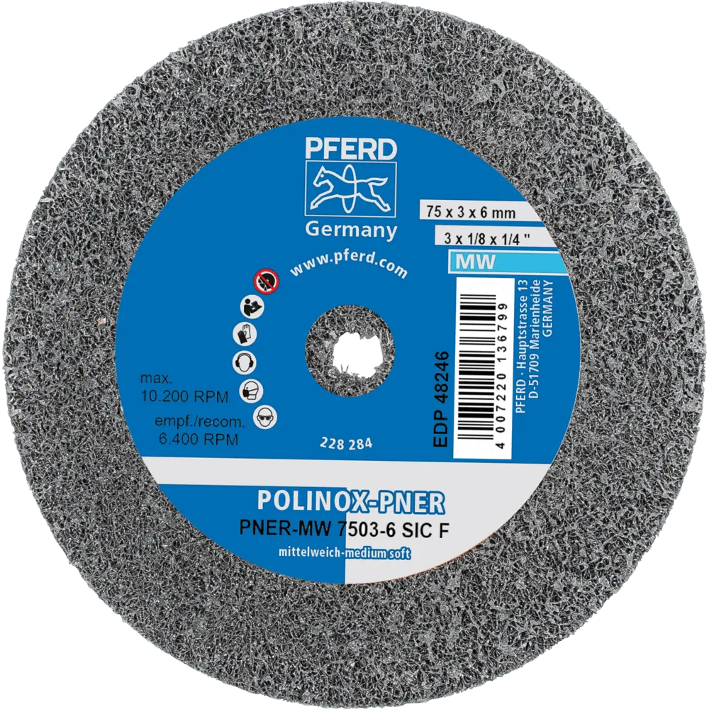 Produktfoto 1 von PFERD TOOLS POLINOX verpresstes Vlies-Rad PNER Ø 75x3 mm Bohrung-Ø 6 mm Mittelweich SIC Fein für Finish, 10 Stk.