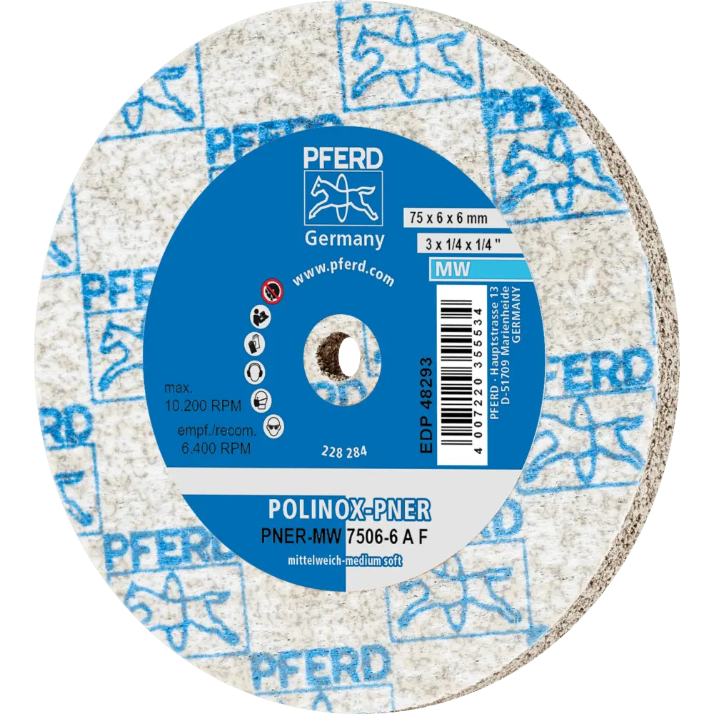 Produktfoto 1 von PFERD TOOLS POLINOX verpresstes Vlies-Rad PNER Ø 75X6 mm Bohrung-Ø 6 mm Mittelweich A Fein für Finish, 5 Stk.
