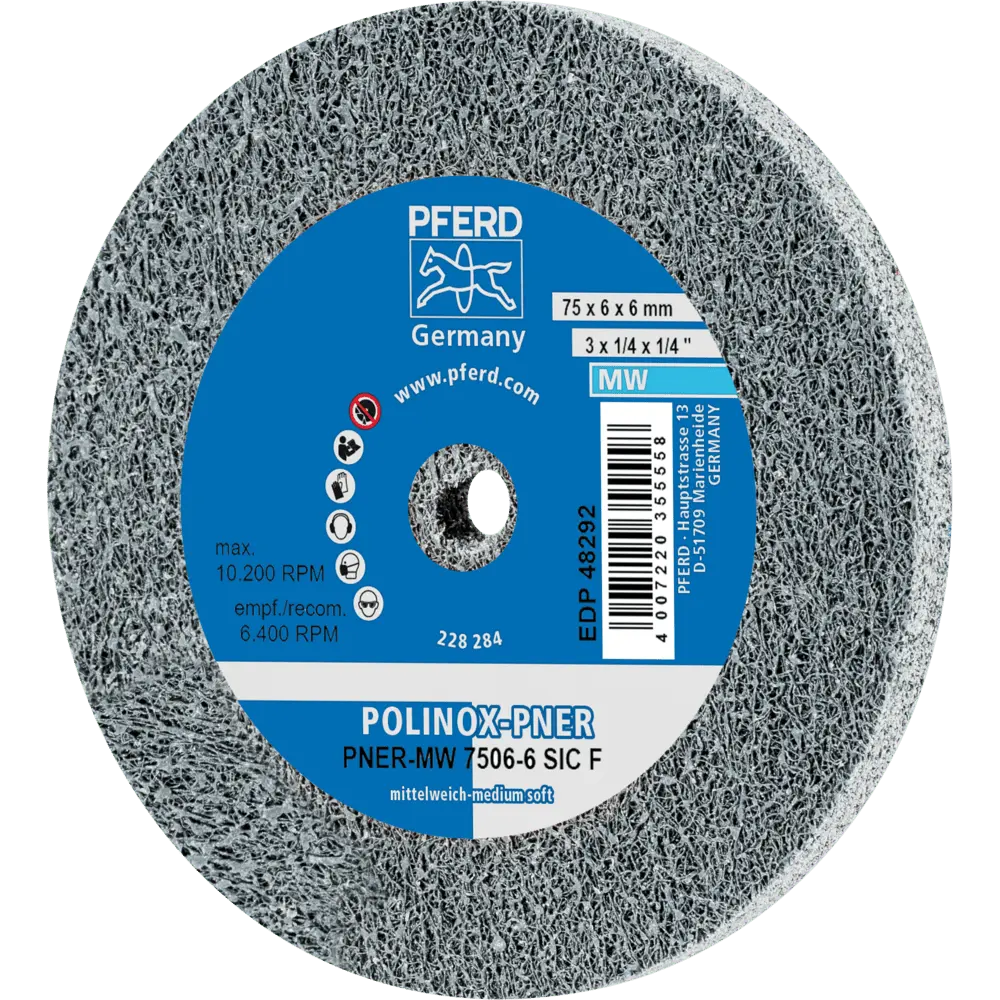 Produktfoto 1 von PFERD TOOLS POLINOX verpresstes Vlies-Rad PNER Ø 75X6 mm Bohrung-Ø 6 mm Mittelweich SIC Fein für Finish, 5 Stk.