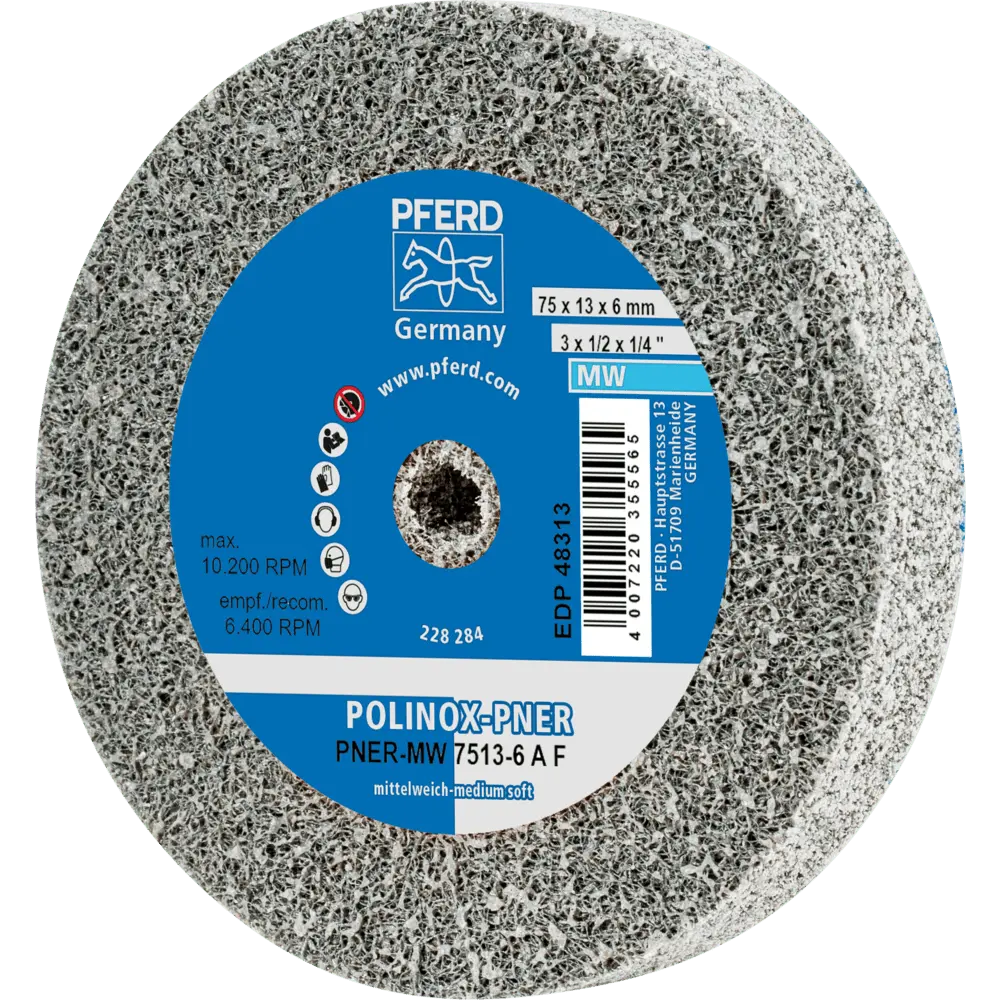 Produktfoto 1 von PFERD TOOLS POLINOX verpresstes Vlies-Rad PNER Ø 75x13 mm Bohrung-Ø 6 mm Mittelweich A Fein für Finish, 5 Stk.