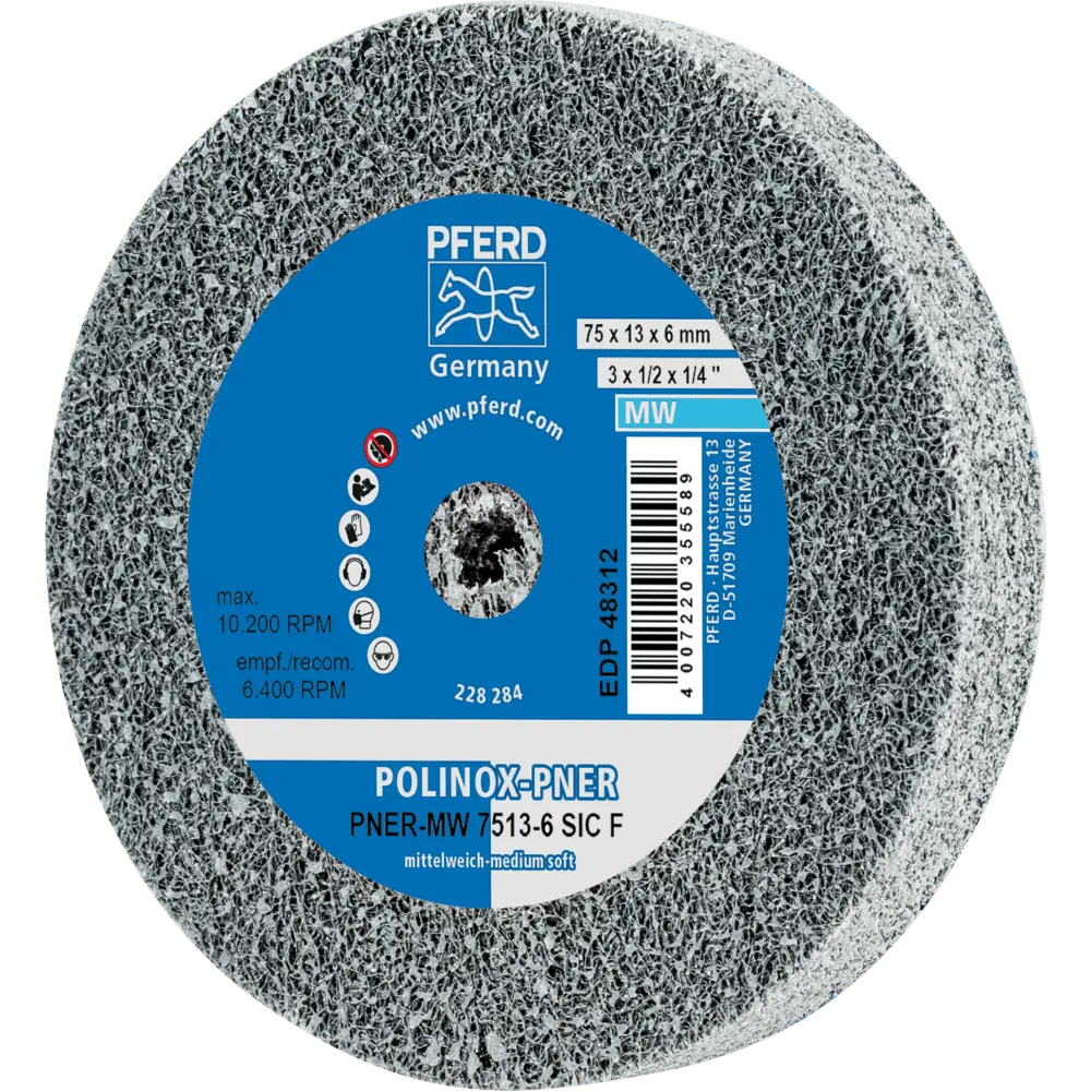 Produktfoto 1 von PFERD TOOLS POLINOX verpresstes Vlies-Rad PNER Ø 75x13 mm Bohrung-Ø 6 mm Mittelweich SIC Fein für Finish, 5 Stk.