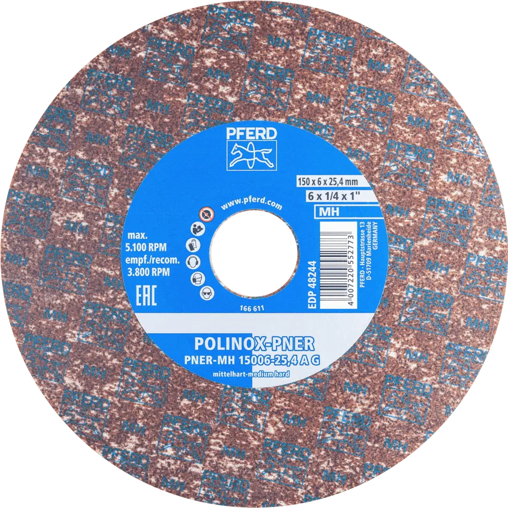 Produktfoto 1 von PFERD TOOLS POLINOX verpresstes Vlies-Rad PNER Ø 150x6 mm Bohrung-Ø 25,4 mm Mittelhart A Grob für Finish, 5 Stk.