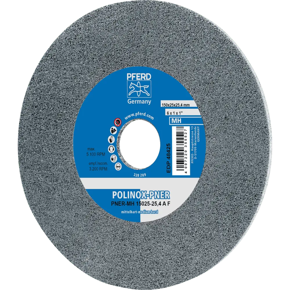 Produktfoto 1 von PFERD TOOLS POLINOX verpresstes Vlies-Rad PNER Ø 150x3 mm Bohrung-Ø 25,4 mm Mittehart SIC Fein für Finish, 5 Stk.