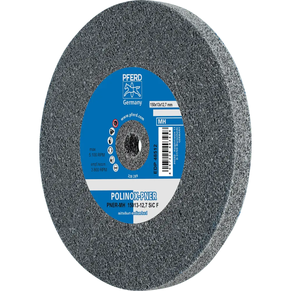 Produktfoto 1 von PFERD TOOLS POLINOX verpresstes Vlies-Rad PNER Ø 150x13 mm Bohrung-Ø 12,7 mm Mittelhart SiC Fein für Finish, 5 Stk.