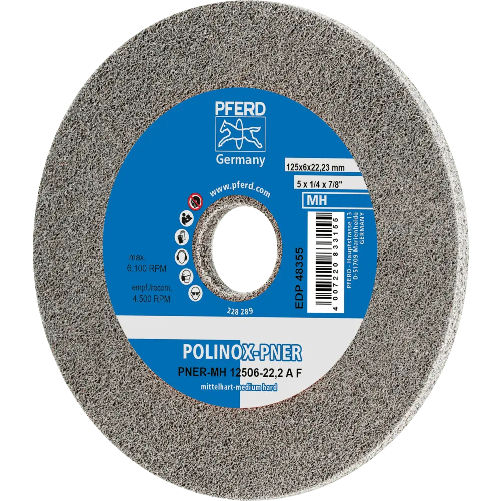 Produktfoto 1 von PFERD TOOLS POLINOX verpresstes Vlies-Rad PNER Ø 125x6 mm Bohrung-Ø 22,23 mm Mittelhart A Fein für Finish, 5 Stk.