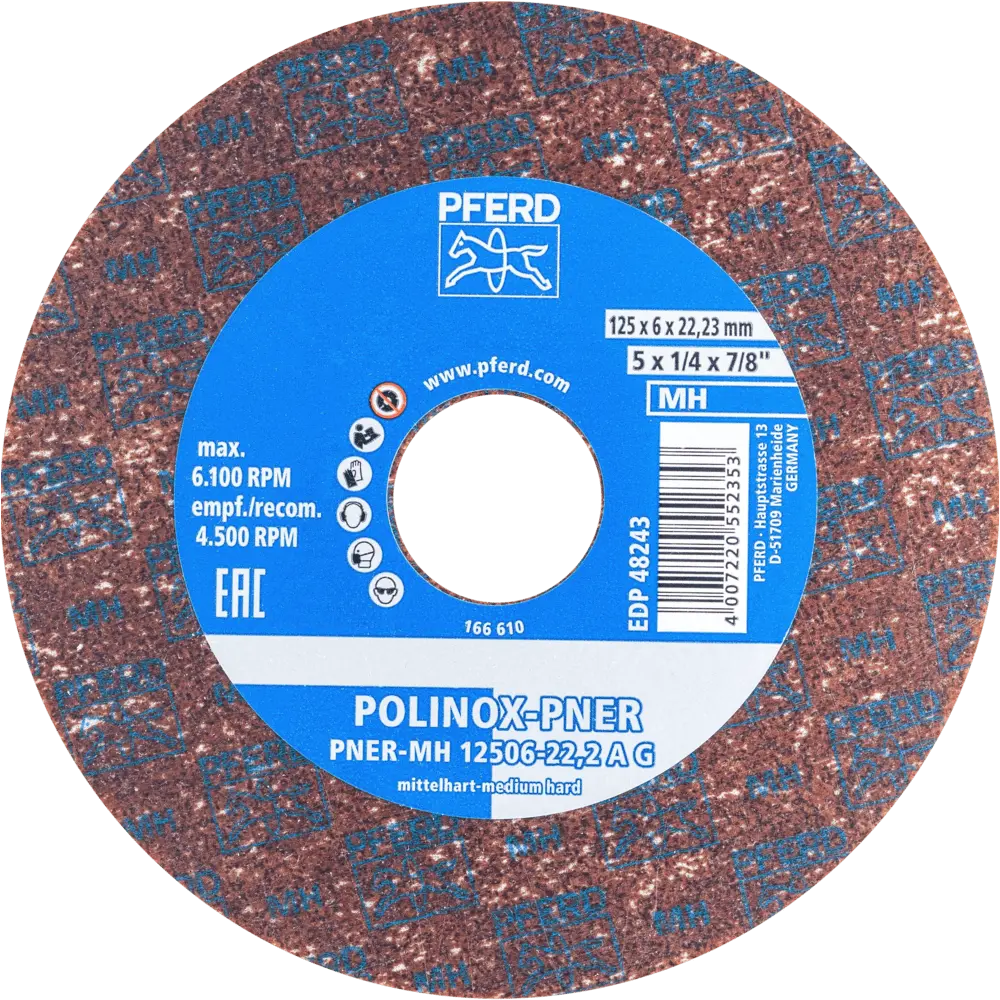 Produktfoto 1 von PFERD TOOLS POLINOX verpresstes Vlies-Rad PNER Ø 125x6 mm Bohrung-Ø 22,2 mm Mittelhart A Grob für Finish, 5 Stk.