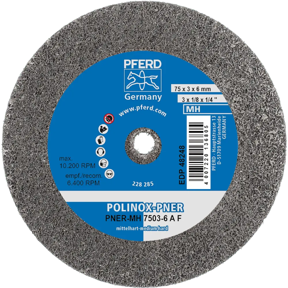 Produktfoto 1 von PFERD TOOLS POLINOX verpresstes Vlies-Rad PNER Ø 75x3 mm Bohrung-Ø 6 mm Mittelhart A Fein für Finish, 10 Stk.