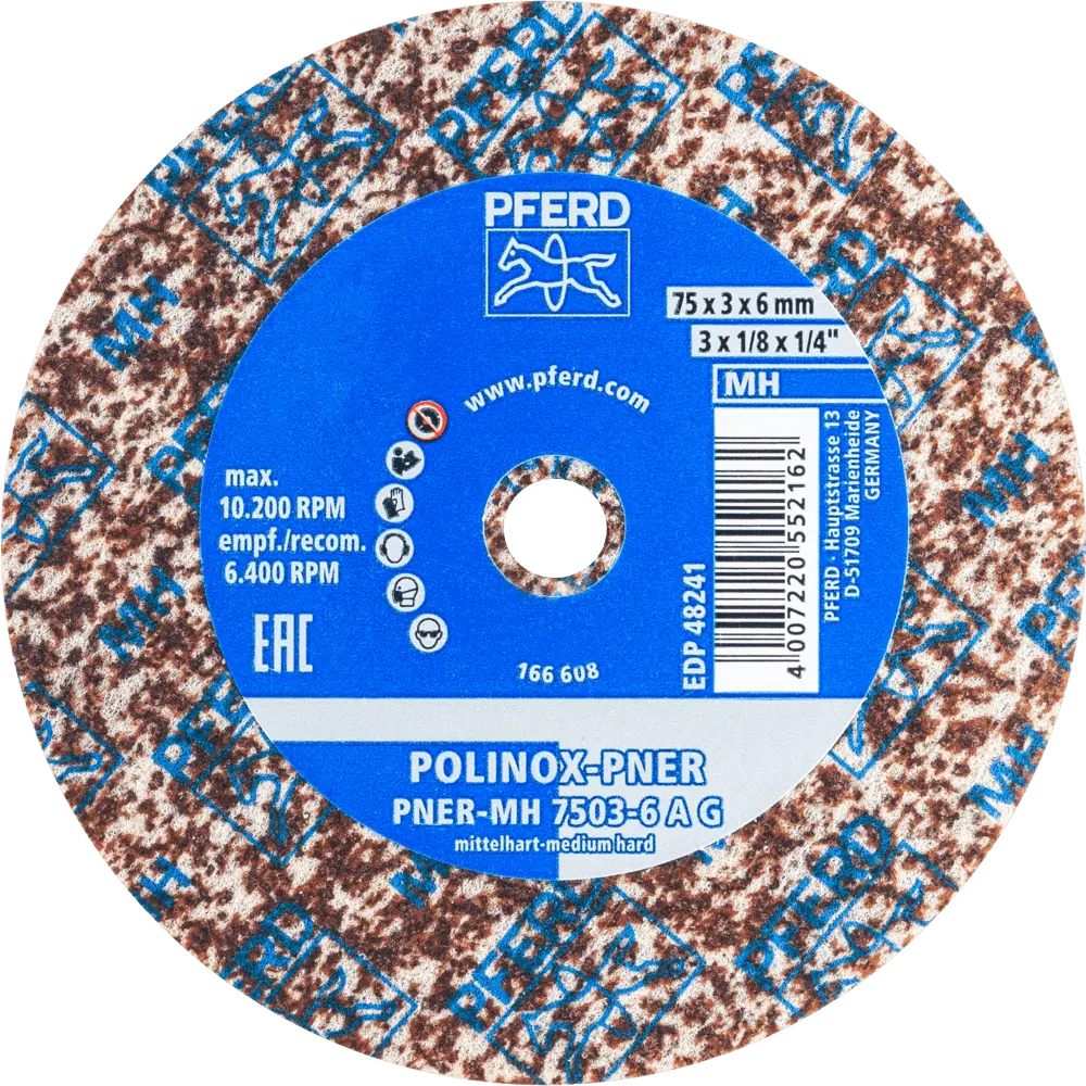 Produktfoto 1 von PFERD TOOLS POLINOX verpresstes Vlies-Rad PNER Ø 75x3 mm Bohrung-Ø 6 mm Mittelhart A Grob für Finish, 10 Stk.