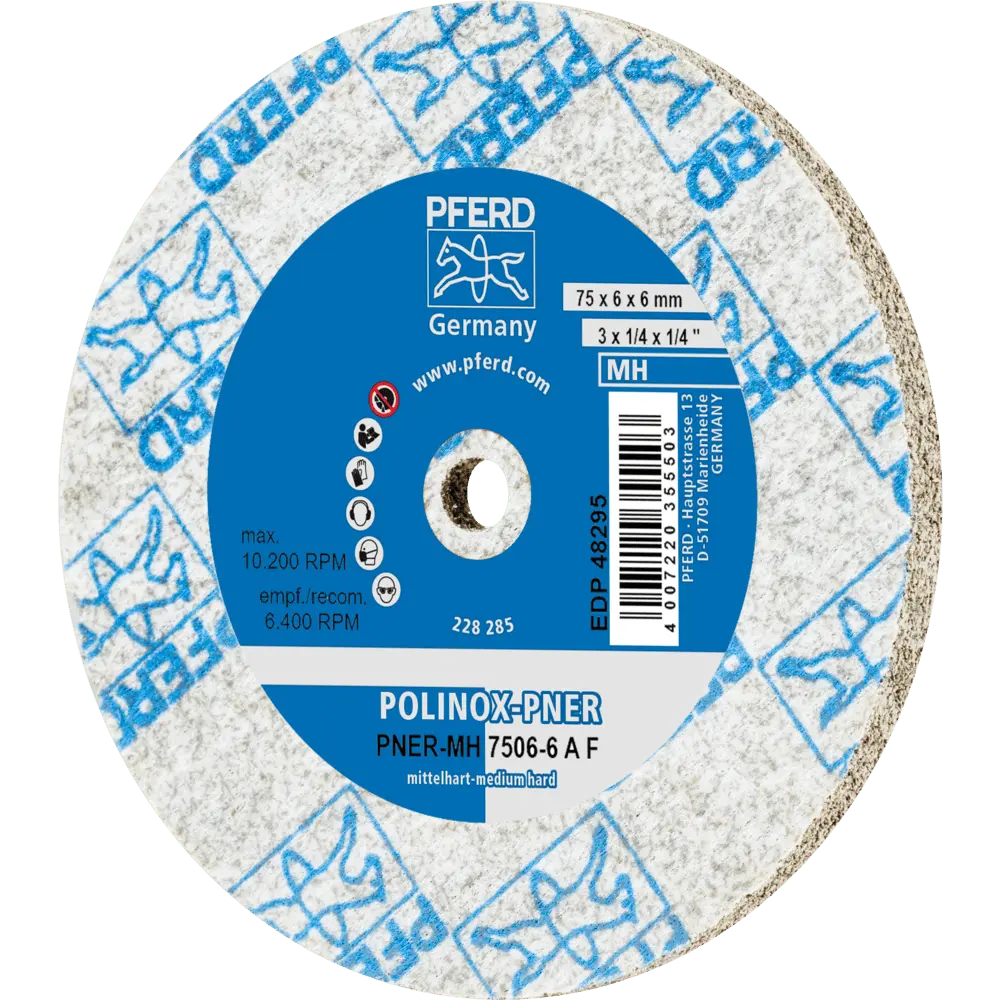 Produktfoto 1 von PFERD TOOLS POLINOX verpresstes Vlies-Rad PNER Ø 75X6 mm Bohrung-Ø 6 mm Mittelhart A Fein für Finish, 5 Stk.